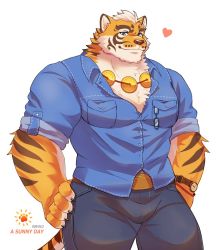 Rule 34 | 1boy, abs, alternate costume, animal ears, bara, bare pectorals, beige fur, blue eyes, blue shirt, bulge, casual, cowboy shot, denim, denim jacket, denim shirt, english text, fluffy, furry, furry male, heart, jacket, jeans, large pectorals, lin hu (nekojishi), male focus, muscular, muscular male, nekojishi, orange fur, pants, partially unbuttoned, pectoral cleavage, pectorals, shirt, short hair, sleeves rolled up, smile, solo, stomach, tail, thick thighs, thighs, tiger boy, tiger ears, tiger stripes, tiger tail, tora d, watch, wristwatch
