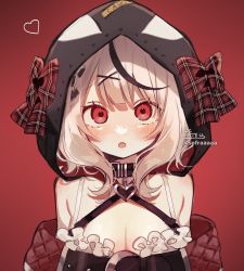 Rule 34 | 1girl, :o, absurdres, black collar, black hair, blush, bow, braid, breasts, camisole, cleavage, collar, fang, frilled camisole, frills, hair ornament, hairclip, heart, highres, hololive, hood, hood up, medium breasts, multicolored hair, open mouth, plaid, plaid bow, red background, red bow, red eyes, sakamata chloe, sakamata chloe (1st costume), signature, simple background, sofra, solo, streaked hair, twitter username, upper body, virtual youtuber, white camisole, white hair, x hair ornament