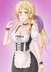 Rule 34 | 1girl, alternate costume, anti (untea9), apron, black choker, black dress, blonde hair, breasts, bustier, choker, cleavage, collarbone, commentary request, detached sleeves, dress, enmaided, frilled apron, frilled choker, frills, gradient background, green eyes, hair between eyes, highres, kantai collection, long hair, looking at viewer, low ponytail, maid, maid headdress, medium breasts, mole, mole under eye, purple background, richelieu (kancolle), solo, white apron, wrist cuffs