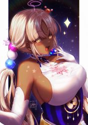 Rule 34 | 1girl, breasts, chie00chan, crab on head, dark-skinned female, dark skin, elbow gloves, gloves, hair ornament, highres, hololive, hololive english, large breasts, long hair, low twintails, planet hair ornament, sideboob, signature, sleeveless, space, sparkling eyes, star (sky), tsukumo sana, tsukumo sana (1st costume), twintails, twitter username, virtual youtuber