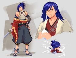 Rule 34 | 1boy, bare shoulders, blue hair, closed mouth, eating, fire emblem, fire emblem engage, full body, hair ornament, highres, holding, holding sword, holding weapon, japanese clothes, kagetsu (fire emblem), lamb (contra entry), looking to the side, medium hair, nintendo, solo, standing, sword, weapon, yellow eyes