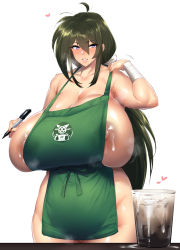 Rule 34 | 1girl, adjusting clothes, ahoge, apron, areola slip, bandaged wrist, bandages, barista, blush, brand name imitation, breast milk, breasts, cleavage, cleft of venus, collarbone, copyright request, cowboy shot, cup, curvy, dark areolae, dark nipples, disposable cup, facing viewer, genderswap, genderswap (mtf), getter robo, gigantic breasts, green apron, green hair, hair between eyes, heart, highres, holding, holding marker, holding pen, iced coffee, iced latte with breast milk (meme), jin hayato, lactation, large areolae, large nipples, long hair, looking at viewer, low ponytail, marker, mature female, meme, naked apron, nipple slip, nipples, nose blush, nude, parted lips, pen, ponytail, purple eyes, pussy, pussy peek, sagging breasts, shiny skin, sidelocks, simple background, smile, solo, standing, starbucks, thick thighs, thighs, thirty 8ght, uncensored, white background, wide hips
