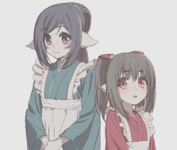 Rule 34 | 2girls, age difference, animal ears, apron, aquaplus, black hair, blue kimono, blush, breasts, brown eyes, brown hair, closed mouth, gradient eyes, hair between eyes, hair ribbon, height difference, japanese clothes, kimono, kuon (utawarerumono), long hair, long sleeves, looking at another, looking at viewer, maid, maid apron, mole, mole under eye, multicolored eyes, multiple girls, nekone (utawarerumono), open mouth, ponytail, raised eyebrows, red eyes, red kimono, ribbon, sidelocks, small breasts, smile, swept bangs, twintails, upper body, utawarerumono, utawarerumono: itsuwari no kamen, very long hair, wide sleeves, yo (artist)