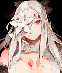 Rule 34 | 1girl, blood, breasts, cleavage, drag-on dragoon, drag-on dragoon 3, eyepatch, flower, flower eyepatch, flower over eye, large breasts, red eyes, silver hair, solo, starshadowmagician, zero (drag-on dragoon)