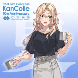 Rule 34 | 1girl, belt, black shirt, blonde hair, blue background, breasts, coffee mug, collarbone, cropped torso, cup, grey eyes, holding, holding cup, hornet (kancolle), kantai collection, konishi (koconatu), large breasts, long hair, mug, official art, open mouth, shirt, smile, solo, t-shirt