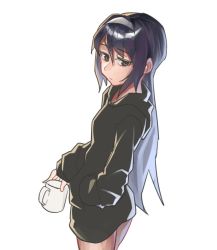 Rule 34 | 10s, 1girl, bad id, bad twitter id, black hair, brown eyes, casual, closed mouth, commentary request, cup, dress, from side, frown, girls und panzer, hairband, half-closed eyes, hand in pocket, holding, holding cup, hood, hoodie, long hair, long sleeves, looking at viewer, mug, reizei mako, roivas, short dress, simple background, solo, standing, sweater, sweater dress, white background, white hairband