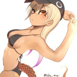 Rule 34 | 1girl, armpits, arms behind head, arms up, back, baseball cap, bikini, black bikini, blonde hair, breasts, clothing cutout, collarbone, fisheye, from side, hair between eyes, halterneck, hat, highres, kashisu mint, kemono friends, king cobra (kemono friends), long hair, looking at viewer, medium breasts, multicolored eyes, multicolored hair, orange eyes, own hands together, parted lips, pink hair, red eyes, shiny skin, sidelocks, skindentation, snake tail, solo, stomach, strap gap, stretching, string bikini, swimsuit, tail, tail through clothes, tan, tongue, tongue out, twintails, twisted torso, twitter username, two-tone hair, yellow eyes