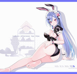 Rule 34 | 1girl, absurdres, animal ears, ass, barefoot, blue hair, fake animal ears, feet, hand on own ass, higetsuji nozomu, highres, leotard, long hair, looking at viewer, original, parted lips, rabbit ears, red eyes, soles, toes