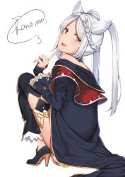Rule 34 | 1girl, artist name, bare shoulders, black jacket, blush, braid, braided bangs, commentary request, fraux, from behind, granblue fantasy, highres, jacket, kaname (melaninusa09), long hair, long sleeves, looking at viewer, open mouth, red eyes, simple background, solo, twintails, white background, white hair