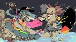 2girls azuma_seiji blue_hair chain female_focus food fruit gourd hinanawi_tenshi horns ibuki_suika leaf multiple_girls orange_hair peach red_eyes touhou