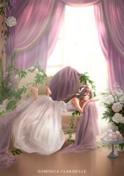 Rule 34 | 1girl, absurdres, arknights, barefoot, blush, couch, curtains, dclaribelle, dress, eyjafjalla (arknights), feet, flower, food, highres, horns, indoors, light brown hair, plant, red eyes, white horns