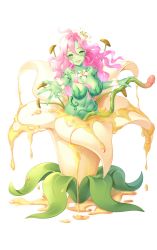 Rule 34 | 1girl, absurdres, alraune, alraune (existence), breasts, colored skin, existence, fingernails, flower, green eyes, green skin, highres, honey, large breasts, long fingernails, long hair, looking at viewer, monster girl, navel, open mouth, penis tentacle, pinchuu, pink hair, plant girl, reaching, reaching towards viewer, second-party source, solo, stamen, tentacles, vine tentacle, wavy hair, white background, white flower