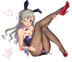Rule 34 | 1girl, animal ears, black leotard, black pantyhose, blue eyes, bow, bowtie, braid, braided bangs, breasts, commentary request, dated, detached collar, fake animal ears, full body, grey hair, high heels, highres, hisakawa hayate, idolmaster, idolmaster cinderella girls, jun piro, leg up, leotard, long hair, looking at viewer, medium breasts, one eye closed, pantyhose, playboy bunny, rabbit ears, rabbit girl, rabbit tail, red bow, red bowtie, red footwear, shiny clothes, signature, simple background, sitting, smile, solo, strapless, strapless leotard, tail, white background, wrist cuffs