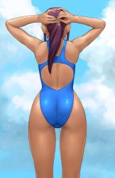 Rule 34 | 1girl, adjusting hair, ass, back, competition swimsuit, from behind, highleg, highleg swimsuit, long hair, non-web source, one-piece swimsuit, ponytail, purple hair, red hair, solo, swimsuit, tying