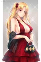 Rule 34 | 1girl, bag, bare shoulders, blonde hair, blush, border, breasts, cleavage, closed mouth, dress, earrings, ereshkigal (fate), fate/grand order, fate (series), grey background, handbag, hoop earrings, infinity symbol, jewelry, large breasts, long hair, looking at viewer, medium breasts, nail polish, necklace, parted bangs, red dress, red eyes, rei kun, sideboob, smile, solo, sparkle, two side up, white border