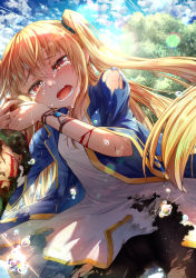 Rule 34 | 1boy, 1girl, arm up, bike shorts, blonde hair, blood, blue gemstone, blue sky, blush, breasts, camouflage, camouflage shirt, cloud, cluseller, cowboy shot, crying, cuts, day, dress, gem, glint, hair tie, half-closed eyes, hand on another&#039;s face, hands up, holding hands, injury, leaning forward, lens flare, light particles, long hair, long sleeves, looking at viewer, nose blush, open mouth, original, outdoors, pov, red eyes, sad, shirt, sky, small breasts, solo focus, standing, sunlight, tears, teeth, tongue, torn clothes, tree, twintails, white dress
