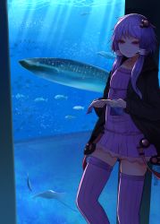 Rule 34 | 1girl, animal, aquarium, arano oki, black jacket, closed mouth, collarbone, commentary request, dress, fish, hair ornament, headset, highres, holding, hood, hood down, hooded jacket, indoors, jacket, long hair, long sleeves, open clothes, open jacket, purple dress, purple eyes, purple hair, purple thighhighs, ribbed legwear, smile, solo, standing, stingray, thighhighs, voiceroid, water, yuzuki yukari