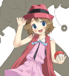 Rule 34 | 1girl, bare arms, blue ribbon, blush, brown hair, commentary request, creatures (company), dress, fukafuka (tenjo212), game freak, gen 1 pokemon, hand on headwear, hand up, hat, highres, holding, holding poke ball, hypno, hypnosis, looking at viewer, medium hair, mind control, neck ribbon, nintendo, no pupils, open mouth, pendulum, pink dress, pink headwear, poke ball, poke ball (basic), pokemon, pokemon (anime), pokemon xy (anime), ribbon, serena (pokemon), teeth, tongue, upper teeth only