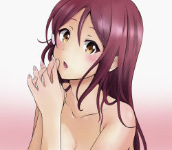 Rule 34 | 1girl, bad id, bad pixiv id, blush, breasts, brown eyes, cleavage, collarbone, completely nude, gradient background, hair between eyes, hair ornament, hairclip, long hair, love live!, love live! sunshine!!, medium breasts, nail polish, nude, open mouth, out-of-frame censoring, own hands clasped, own hands together, pink background, pink nails, red hair, sakurauchi riko, solo, straight hair, tina1213, upper body, white background
