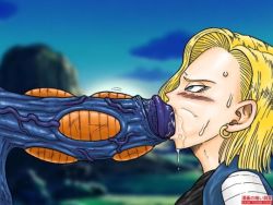 Rule 34 | 1boy, 1girl, android 18, blonde hair, blue eyes, cell (dragon ball), dark toons cave artist, dragon ball, dragonball z, fellatio, oral, penis, text focus, uncensored
