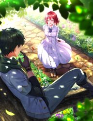 Rule 34 | 1boy, 1girl, :d, ^ ^, akagami no shirayukihime, arms behind back, black hair, blue jacket, blue pants, blush, book, boots, breasts, buttons, closed eyes, cobblestone, dappled sunlight, dress, closed eyes, gloves, grass, highres, in tree, jacket, layered sleeves, long hair, long sleeves, looking at another, obi (akagami no shirayukihime), open mouth, outdoors, pants, path, red hair, road, scratching cheek, shirayuki (akagami no shirayukihime), short hair, short over long sleeves, short sleeves, sitting, sitting in tree, smile, standing, sunlight, sweatdrop, swordsouls, tree, wing collar