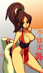 Rule 34 | 1girl, alex ahad, bare shoulders, breasts, brown eyes, brown hair, cleavage, fatal fury, halterneck, japanese clothes, large breasts, ninja, pelvic curtain, ponytail, revealing clothes, shiranui mai, snk, solo, the king of fighters, thighs