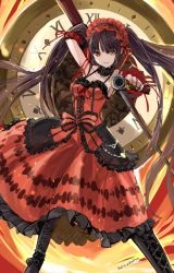 Rule 34 | 1girl, aiming, aiming at viewer, antique firearm, arm up, artist name, black choker, black footwear, black hair, blunt bangs, boots, choker, clock, clock eyes, cross-laced footwear, date a live, detached sleeves, dress, embers, feet out of frame, firearm, floating hair, frilled choker, frilled dress, frilled sleeves, frills, gothic lolita, gun, hairband, heterochromia, highres, holding, holding behind back, holding gun, holding weapon, jun (rellik &amp; redrum), lace-up boots, legs apart, lolita fashion, lolita hairband, long hair, looking at viewer, parted lips, red dress, red eyes, red hairband, red ribbon, ribbon, roman numeral, sidelocks, sketch, sleeveless, sleeveless dress, smile, solo, standing, symbol-shaped pupils, tokisaki kurumi, twintails, weapon, yellow eyes