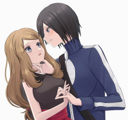 Rule 34 | 1boy, 1girl, absurdres, black hair, blue jacket, blush, brown hair, calem (pokemon), collared shirt, commentary request, creatures (company), eye contact, game freak, grey eyes, hetero, highres, holding hands, jacket, long hair, long sleeves, looking at another, nasakixoc, nintendo, parted lips, pokemon, pokemon xy, red skirt, serena (pokemon), shirt, short hair, simple background, skirt, sleeveless, sleeveless shirt, smile, strap, sweatdrop, turtleneck, turtleneck jacket, upper body, white background