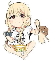 Rule 34 | 1girl, ahoge, barefoot, blonde hair, blush, chibi, closed mouth, clothes writing, commentary request, facial mark, futaba anzu, handheld game console, holding, idolmaster, idolmaster cinderella girls, indian style, korean commentary, korean text, long hair, looking at viewer, low-tied long hair, playstation portable, red eyes, shirt, short shorts, short sleeves, shorts, sitting, smile, solo, tuxedo de cat, very long hair, whisker markings, white shirt