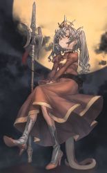 Rule 34 | 1girl, asu oki, bad id, bad twitter id, belt, choker, cloud, cloudy sky, collar, cross, crown, dress, earrings, full body, full moon, gold, greyscale, hatching (texture), high heels, invisible chair, jewelry, knees together feet apart, long hair, looking at viewer, mashimashi, monochrome, moon, original, red dress, red footwear, sitting, sky, solo, sparkle, stud earrings, tail, weapon, yellow eyes, yellow moon