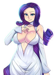 Rule 34 | 1girl, blue eyes, breasts, center opening, cleavage, curly hair, detached sleeves, dress, eyeshadow, gown, highres, huge breasts, large breasts, long hair, makeup, maniacpaint, my little pony, my little pony: friendship is magic, personification, purple hair, rarity (my little pony), simple background, solo, very long hair, white dress