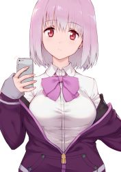 Rule 34 | 10s, 1girl, bow, breasts, cellphone, collared shirt, frown, gridman universe, haoni, jacket, large breasts, light purple hair, looking at viewer, off shoulder, phone, purple bow, purple jacket, red eyes, selfie, shinjou akane, shirt, sleeves past wrists, smartphone, ssss.gridman, upper body, white shirt, zipper pull tab
