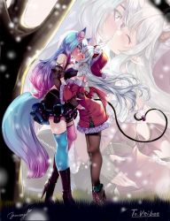 Rule 34 | 2girls, animal ears, ankle boots, asymmetrical legwear, bare shoulders, bell, belt buckle, black footwear, blue eyes, blue hair, blue nails, blue thighhighs, blunt bangs, blurry, bokeh, boots, breasts, buckle, chain, cherry blossoms, choker, christmas, cleavage, closed eyes, commentary request, commission, cross-laced footwear, demon horns, demon tail, demon wings, depth of field, dress, duplicate, fingerless gloves, fingernails, fishnet gloves, fishnets, floating hair, flower, flower choker, fur-trimmed dress, fur trim, gloves, gradient background, gradient hair, gradient nails, grass, hair flower, hair ornament, hat, height difference, high heel boots, high heels, highres, horns, indie virtual youtuber, jingle bell, kiss, lace-up boots, large breasts, leather belt, long fingernails, long hair, medium breasts, mismatched legwear, multicolored hair, multiple girls, nail polish, off-shoulder dress, off shoulder, open mouth, pantyhose, pink hair, pink legwear, pink nails, pleated skirt, pointy ears, red footwear, red ribbon, ribbon, saliva, saliva trail, santa costume, santa dress, santa hat, sideboob, sidelocks, signature, silver hair, silvervale, silvervale (4th costume), skeb commission, skindentation, skirt, snowing, swept bangs, tail, tail bell, tail ornament, tail ribbon, thighhighs, tree, two-tone footwear, two-tone hair, two-tone legwear, uneven legwear, vei (vtuber), very long hair, virtual youtuber, white footwear, wings, wolf ears, wolf girl, wolf tail, yuri, yuu sagi, zoom layer