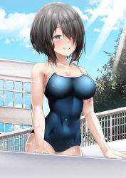 Rule 34 | 1girl, black hair, blue eyes, blue one-piece swimsuit, blue sky, building, cloud, commentary request, competition school swimsuit, cowboy shot, day, fence, hair over one eye, highres, looking at viewer, one-piece swimsuit, original, outdoors, parted lips, school swimsuit, short hair, signdasuyo, sky, solo, swimsuit, tree