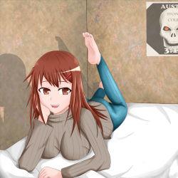 Rule 34 | 1girl, barefoot, bed, breasts, brown eyes, brown hair, feet, hairclip, head rest, highres, jeans, large breasts, long hair, looking at viewer, lying, on stomach, open mouth, soles, sweater, toes