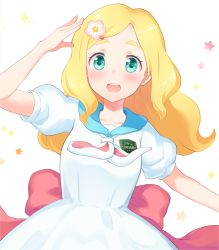 Rule 34 | 1girl, aqua eyes, arm up, back bow, hairclip, blonde hair, blue sailor collar, blush, bow, commentary request, dress, flower, hair flower, hair ornament, hairclip, harohapi! shinonome megu-chan no oheya, long hair, looking at viewer, mito tsubaki, outstretched arm, pink flower, puffy short sleeves, puffy sleeves, red bow, sailor collar, sailor dress, shinonome megu, short sleeves, solo, star (symbol), starry background, upper body, virtual youtuber, white dress