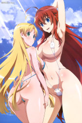 Rule 34 | 2girls, absurdres, ahoge, arm up, armpits, asia argento, ass, bikini, blonde hair, blue eyes, blue one-piece swimsuit, breasts, butt crack, cleavage, covered erect nipples, day, dimples of venus, green eyes, high school dxd, high school dxd hero, highres, large breasts, long hair, looking back, megami magazine, micro bikini, midriff, multiple girls, navel, o-ring, o-ring bikini, o-ring bottom, official art, one-piece swimsuit, open mouth, red hair, rias gremory, sideboob, sky, slingshot swimsuit, smile, swimsuit, thong bikini, white one-piece swimsuit