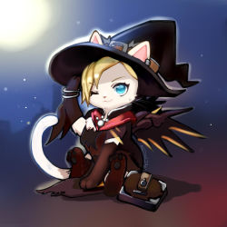 Rule 34 | animal focus, animalization, blonde hair, blue eyes, cape, cat, hat, highres, mechanical wings, meowlian, mercy (overwatch), no humans, official alternate costume, one eye closed, overwatch, overwatch 1, sitting, solo, wings, witch hat, witch mercy