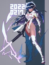 Rule 34 | arshes nei, bastard!!, blue eyes, blue hair, boots, breasts, dark-skinned female, dark skin, dated, detached sleeves, electricity, hair behind ear, highres, holding, holding sword, holding weapon, knee pads, leotard, long hair, long pointy ears, medium breasts, navel, open hand, pointy ears, revealing clothes, sasaki tomomi, shoulder spikes, sideboob, spikes, sword, thigh boots, thighhighs, v-shaped eyebrows, weapon, white footwear, white leotard