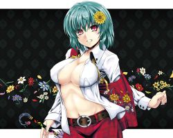 Rule 34 | 1girl, ascot, belt, breasts, cleavage, closed umbrella, female focus, flower, green hair, hair flower, hair ornament, highres, impossible clothes, impossible shirt, jpeg artifacts, kazami yuuka, large breasts, open clothes, open shirt, plaid, plaid skirt, plaid vest, red eyes, satou samu, shirt, short hair, skirt, skirt set, smile, solo, sunflower, touhou, umbrella, untied, vest
