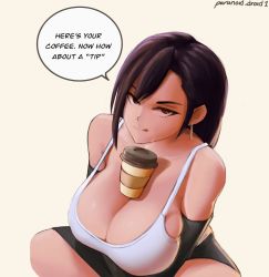 Rule 34 | 1girl, :q, artist name, black hair, breasts, cleavage, english text, final fantasy, final fantasy vii, final fantasy vii remake, hair between eyes, highres, large breasts, long hair, looking at viewer, paranoid.droid, simple background, smile, solo, tank top, tifa lockhart, tongue, tongue out, white tank top