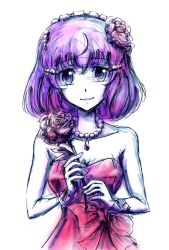 Rule 34 | 10s, 1girl, bare shoulders, bow, colored pencil (medium), dress, flower, gata2013, hair flower, hair ornament, happy birthday, highres, jewelry, kakumeiki valvrave, looking at viewer, necklace, pearl necklace, red dress, sashinami shouko, simple background, sketch, smile, solo, traditional media, upper body, white background
