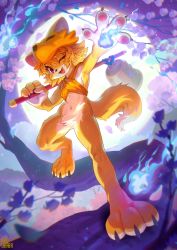 Rule 34 | 1girl, absurdres, animal hands, bell, bottomless, branch, cherry blossoms, commentary request, commission, fang, fox, fox hat, full body, full moon, furrification, furry, furry female, halterneck, highres, hitodama, holding, holding staff, inuki (aruurara), looking at viewer, moon, moonlight flower, mountain, one eye closed, open mouth, outstretched arm, purple sky, ragnarok online, red eyes, second-party source, short hair, signature, skeb commission, sky, smile, solo, staff, standing on branch