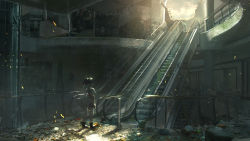 Rule 34 | 1girl, ankle boots, bicycle, black footwear, black hair, boots, commentary request, escalator, facing away, highres, light rays, mall, moss, original, post-apocalypse, rubble, shizui fen, solo, standing, sunbeam, sunlight, wide shot