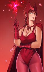 Rule 34 | 1girl, braid, braided ponytail, breasts, chainsaw man, cleavage, cosplay, gloves, halloween, large breasts, long hair, looking at viewer, makima (chainsaw man), red hair, ringed eyes, scarlet witch, scarlet witch (cosplay), sidelocks, simple background, smile, solo, victorbalgitt, yellow eyes