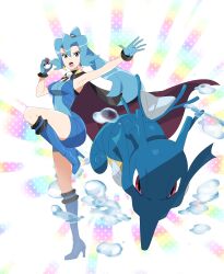 Rule 34 | 1girl, absurdres, black cape, blue bodysuit, blue eyes, blue footwear, blue gloves, blue hair, bodysuit, boots, breasts, bubble, cape, clair (pokemon), commentary, creatures (company), english commentary, fins, fish, full body, game freak, gen 2 pokemon, gloves, high heel boots, high heels, high ponytail, highres, holding, holding poke ball, kingdra, large breasts, long hair, nintendo, open mouth, pink lips, poke ball, pokemon, pokemon (creature), pokemon hgss, r3dfive, red cape, red eyes, seahorse, skin tight, standing, standing on one leg, teeth, two-sided cape, two-sided fabric, two-tone cape, upper teeth only, water, white background