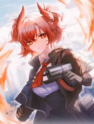 Rule 34 | 1girl, arknights, artist name, black gloves, black jacket, blue sky, bright pupils, cloud, collared shirt, corset, fiammetta (arknights), fire, gloves, gun, haita (yalan527), head wings, highres, holding, holding gun, holding weapon, jacket, long sleeves, looking at viewer, necktie, open clothes, open jacket, outdoors, red eyes, red hair, red necktie, serious, shirt, short hair, signature, sky, solo, two side up, upper body, weapon, white pupils, white shirt, wings