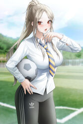 Rule 34 | 1girl, absurdres, adidas, ball, black pants, blurry, blurry background, blush, breasts, brown eyes, collared shirt, commentary, diagonal-striped clothes, diagonal-striped necktie, feet out of frame, grey hair, hand up, highres, hiya 0, large breasts, long hair, long sleeves, looking at viewer, necktie, open mouth, original, outdoors, pants, parted lips, ponytail, shirt, sidelocks, soccer ball, solo, striped clothes, sweatdrop, symbol-only commentary, white shirt