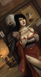 Rule 34 | acquire, artist request, grabbing another&#039;s breast, breasts, cleavage, from software, grabbing, japanese clothes, kimono, mask, ninja, rikimaru, sword, tattoo, tenchu, weapon, white hair, you gonna get raped