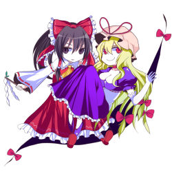 Rule 34 | 2girls, ascot, black hair, blonde hair, bow, breasts, brown eyes, cleavage, detached sleeves, dress, eyes visible through hair, female focus, frilled bow, frilled dress, frills, gap (touhou), gohei, hair between eyes, hair bow, hair ribbon, hakurei reimu, harano, looking at viewer, looking away, looking to the side, multiple girls, parted lips, ponytail, puffy short sleeves, puffy sleeves, purple dress, red bow, red eyes, red ribbon, ribbon, short sleeves, simple background, smile, touhou, tress ribbon, white background, wide sleeves, yakumo yukari, yellow ascot